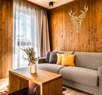 Obývací pokoj v 2pokojovém bytě s podlahou s dřevěným dekorem a dekorací na stěně.