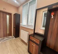 Předsíň 1-pokojového bytu s podlahou s dřevěným dekorem a nábytkem u stěny.