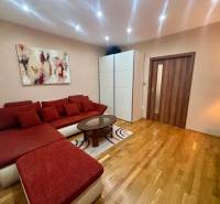 1-pokojový byt s červenou pohovkou, uměním na stěně a podlahou s dřevěným dekorem.