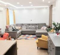 Obývací pokoj v 3-pokojovém bytě s podlahou s dřevěným dekorem, šedou sedačkou a žlutým křeslem.