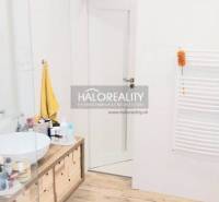 Koupelna s podlahou s dřevěným dekorem, umyvadlem na desce a bílými stěnami v 3-pokojovém bytě.