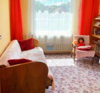 Pokoj v rodinném domě s květovaným kobercem, pohovkou a poličkami.