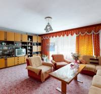 Obývací pokoj v rodinném domě se sedací soupravou, obývací stěnou a květinami.