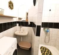 Koupelna s pračkou, sprchou a umyvadlem v 2pokojovém bytě.