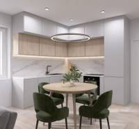 Kuchyně v rodinném domě, s mramorovým obkladem, zelenými židlemi a podlahou s dřevěným dekorem.