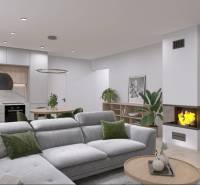 Obývací pokoj s rohovou sedačkou a krbem v rodinném domě s podlahou s dřevěným dekorem.