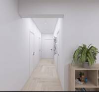 Chodba v rodinném domě s policemi, rostlinou a podlahou s dřevěným dekorem.