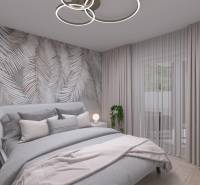 Ložnice s podlahou s dřevěným dekorem, rostlinou a závěsy v rodinném domě.