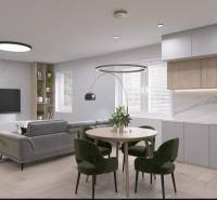 Obývací pokoj v rodinném domě s kuchyní, křesly a podlahou s dřevěným dekorem.