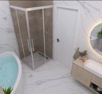 Koupelna v rodinném domě s vanou, sprchovým koutem a umyvadlem na bílé desce.