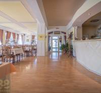 Interiér hotelů a penzionů s restaurací, podlaha s dřevěným dekorem, dekorativní závěsy.