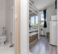 Garsonka s palandou, toaleta a podlaha s dřevěným dekorem ve světlém interiéru.