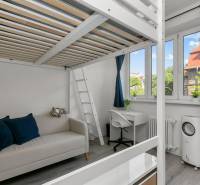 Garsonka s patrovou postelí, pracovním koutem a pohovkou, podlaha s dřevěným dekorem.