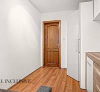 Interiér rodinného domu s podlahou s dřevěným dekorem a dřevěnými dveřmi.