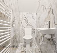 Toaleta a umyvadlo v rodinném domě obložené šedými mramorovými obklady.