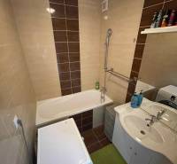 Koupelna v 1-pokojovém bytě s vanou, pračkou a umyvadlem, doplněná poličkou.