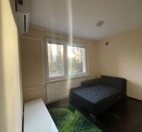 Jednoduchý pokoj s postelí, kobercem a oknem v jednopokojovém bytě.