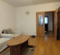 Obývací pokoj s podlahou s dřevěným dekorem, stolkem a dvěma pohovkami, 3pokojový byt.