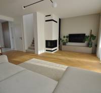 Obývací pokoj v rodinném domě s krbem a podlahou s dřevěným dekorem.