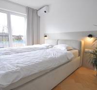 Ložnice v rodinném domě s postelí, rostlinou a podlahou s dřevěným dekorem.