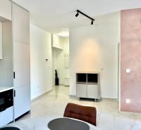 Interiér 1-pokojového bytu s kuchyňskou linkou, jídelním stolem a světlými stěnami.