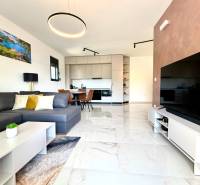 Obývací pokoj jednopokojového bytu s pohovkou, TV a kuchyňským koutem s posezením.