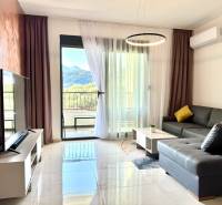 Obývací pokoj v jednopokojovém bytě s koženou sedačkou, TV a výhledem na hory.