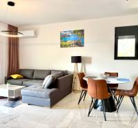 Obývací pokoj v 1-pokojovém bytě s podlahou s dřevěným dekorem, sedací soupravou a jídelním stolem.