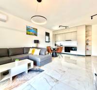 Interiér 1-pokojového bytu s pohovkou, kuchyňským koutem a jídelním stolem.