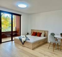 1-pokojový byt s postelí, stolem a podlahou s dřevěným dekorem.