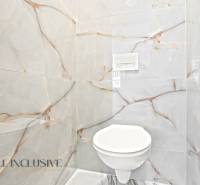 Koupelna v rodinném domě s luxusními obklady a zabudovaným záchodem.