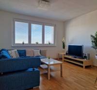 Obývací pokoj v 3-pokojovém bytě s modrou pohovkou, televizí a podlahou s dřevěným dekorem.