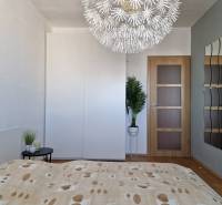 Ložnice s dekorativním svítidlem, šatní skříní a podlahou s dřevěným dekorem v 3-pokojovém bytě.