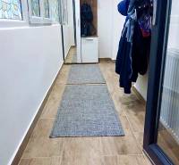 Chodba s dlažbou v dekoru dřeva v 1-pokojovém bytě s vestavěnou skříní na oblečení.