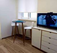 Interiér 1-pokojového bytu s televizí, barovým stolkem a podlahou s dřevěným dekorem.