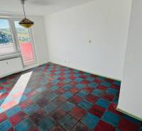 Pokoj v 1-pokojovém bytě s barevnou podlahou a velkými okny, výhledem na přírodu.