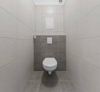 Toaleta s obklady v 2-pokojovém bytě, jednoduchý design a neutrální barvy.