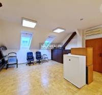 Kanceláře s podlahou s dřevěným dekorem, křesly a okny v podkrovní místnosti.