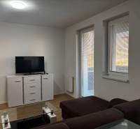 Obývací pokoj v 2-pokojovém bytě s pohovkou, televizorem a podlahou s dřevěným dekorem.