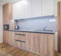 Kuchyňská linka s dřevěným dekorem, vestavěné spotřebiče a podlaha s dřevěným dekorem v 2-pokojovém bytě.