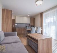 Obývací pokoj v 2-pokojovém bytě s nábytkem a podlahou s dřevěným dekorem.