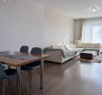 Obývací pokoj ve 4-pokojovém bytě s podlahou s dřevěným dekorem a pohovkou.