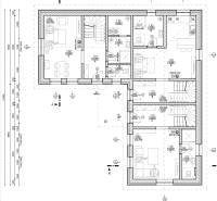 Stavební plán pro Pozemky - bydlení s pokojem, kuchyní a zařízením.