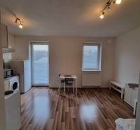 Garsonka s podlahou s dřevěným dekorem, stolem a spotřebiči.