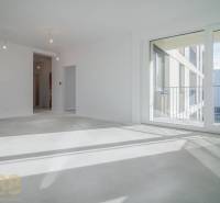 Pokoj v 3-pokojovém bytě s velkým oknem, podlaha s dřevěným dekorem, bílé stěny.