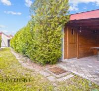 Zahradní přístřešek za rodinným domem v Bátorových Kosihách, obklopený jehličnatými stromy.