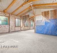 Interiér rodinného domu se surovými stěnami a dřevěnými nosníky.