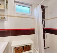 Koupelna v rodinném domě s oknem, sprchou a policemi na drobnosti.