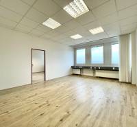 Kancelář s podlahou s dřevěným dekorem a velkými okny, neutrální barvy.