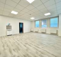 Velká kancelář s podlahou s dřevěným dekorem a umyvadlem.